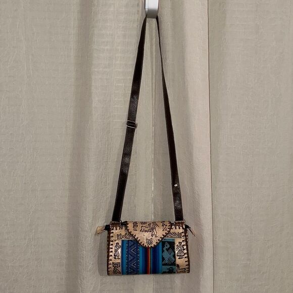 Peruvian Genuine Tooled Graphic Leather Stripe Mini Crossbody Bag - Picture 3 of 12